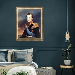 «Портрет великого князя Николая Павловича. 1820-е» в интерьере классической спальни с темными стенами