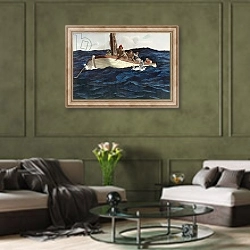 «Лодка с рыбаками» в интерьере гостиной в оливковых тонах