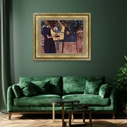 «Музыка 3» в интерьере зеленой гостиной над диваном