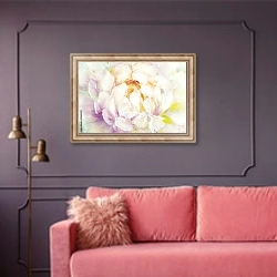 «Белый цветок пиона крупным планом» в интерьере гостиной с розовым диваном
