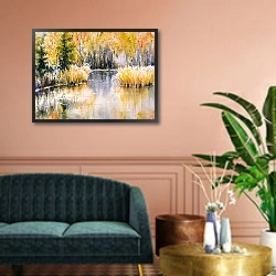 «Лесное озеро осенью» в интерьере классической гостиной над диваном