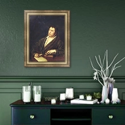 «Портрет баснописца И.А. Крылова. 1812» в интерьере прихожей в зеленых тонах над комодом
