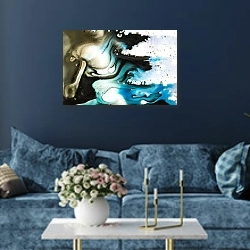 «Черно-бело-голубые потеки краски» в интерьере современной гостиной в синем цвете