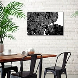 «План города Детройт, Мичиган, США» в интерьере столовой в скандинавском стиле с кирпичной стеной