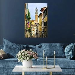 «Италия. Сиена. Флаги» в интерьере современной гостиной в синем цвете