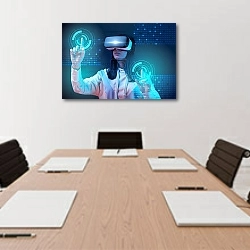«young woman in vr headset pointing with fingers at glowing cyber illustration on dark background» в интерьере офиса над переговорным столом