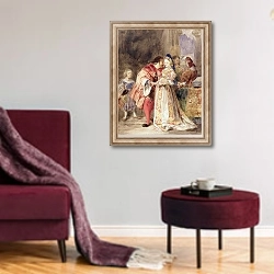 «Portia and Bassanio, c.1826» в интерьере гостиной в бордовых тонах