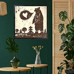 «Медведь с этническим узором» в интерьере в этническом стиле с зеленой стеной