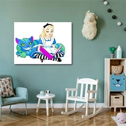 «Алиса с книжкой и чеширский кот» в интерьере детской комнаты для девочки в бирюзовых тонах