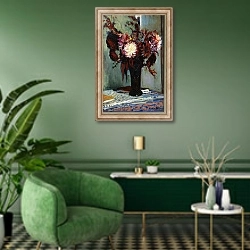 «Chrysanthemums in a Vase,» в интерьере гостиной в зеленых тонах