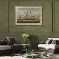 «Купеческий фрегат» в интерьере гостиной в оливковых тонах