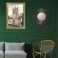 «Church Tower, Marldon» в интерьере классической гостиной с зеленой стеной над диваном