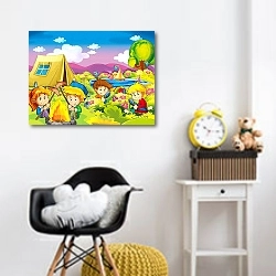 «cartoon autumn nature background near the lake in the mountains kids having camping with space for text - illustration for children» в интерьере детской комнаты для девочки с желтыми деталями