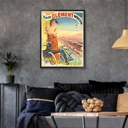 «Clément-Cycles-Motocycles.» в интерьере гостиной в стиле лофт в серых тонах