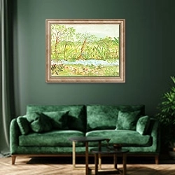 «Exotiskt landskap» в интерьере зеленой гостиной над диваном