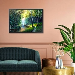 «Ручей в зеленом летнем лесу 1» в интерьере классической гостиной над диваном