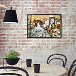 «Живописный уголок в Сан-Квирико д'Орсия» в интерьере кухни в стиле лофт с кирпичной стеной