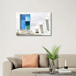 «Греция. Санторини. Дверь» в интерьере современной светлой гостиной над диваном