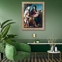 «Мадонна с младенцем, Святой Элизабет и Крестителем» в интерьере гостиной в зеленых тонах