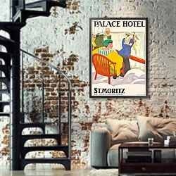 «Poster advertising the Palace Hotel at St. Moritz, 1920» в интерьере двухярусной гостиной в стиле лофт с кирпичной стеной
