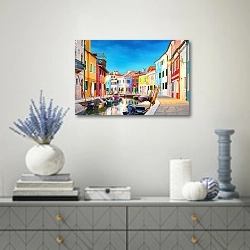 «Италия. Венеция. На острове Бурано» в интерьере современной гостиной с голубыми деталями