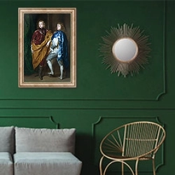 «Портрет двух молодых англичан» в интерьере классической гостиной с зеленой стеной над диваном