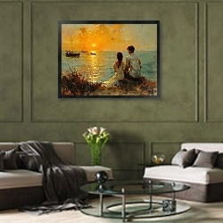 «Meeting the dawn together» в интерьере гостиной в оливковых тонах