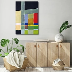 «Геометрическая абстракция с цветными линиями» в интерьере современной комнаты над комодом