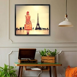 «Рыжая девушка с чемоданом» в интерьере комнаты в стиле ретро с проигрывателем виниловых пластинок