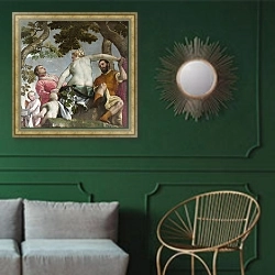 «Измена» в интерьере классической гостиной с зеленой стеной над диваном