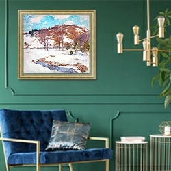 «Снег в предгорьях» в интерьере в классическом стиле с зеленой стеной