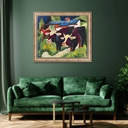 «Kühe auf der Alp» в интерьере зеленой гостиной над диваном