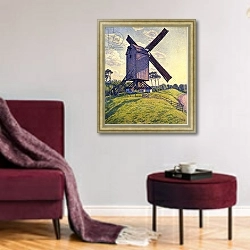 «Windmill in Flanders; Moulin en Flandre, 1894» в интерьере гостиной в бордовых тонах