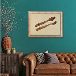 «Wooden Spoon and Fork» в интерьере гостиной с зеленой стеной над диваном