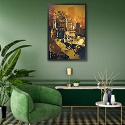 «Город будущего 2» в интерьере гостиной в зеленых тонах