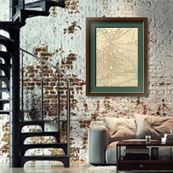 «Maps of Ghent drawn in 1619 by surveyor Jacq. Horenbault Pl.15» в интерьере двухярусной гостиной в стиле лофт с кирпичной стеной