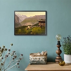 «Швейцария. Миттагхорн, живописная долина Венгернальп» в интерьере в стиле ретро с бирюзовыми стенами