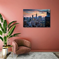 «Манхэттен на закате, Нью-Йорк» в интерьере современной гостиной в розовых тонах