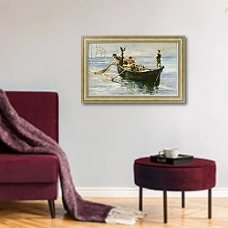 «Fishing Boat, 1881» в интерьере гостиной в бордовых тонах