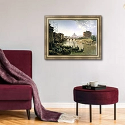 «New Rome with the Castel Sant'Angelo, 1825 (oil on canvas» в интерьере гостиной в бордовых тонах
