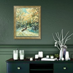 «Сани направляются к часовне» в интерьере прихожей в зеленых тонах над комодом