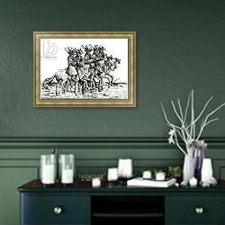 «Five Musicians with Trombones, from the Triumphal Procession of the Emperor Maximilian I, c.1517» в интерьере прихожей в зеленых тонах над комодом