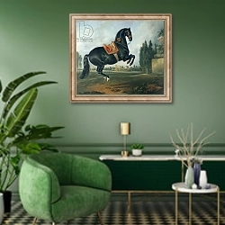 «A black horse performing the Courbette» в интерьере гостиной в зеленых тонах