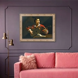 «A Guitar-Player Seated In An Interior» в интерьере гостиной с розовым диваном