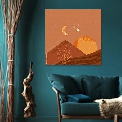 «Терракотовая пустыня и солнце с луной» в интерьере зеленой гостиной в этническом стиле над диваном