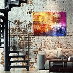 «Абстрактная четырехцветная гранж-текстура» в интерьере двухярусной гостиной в стиле лофт с кирпичной стеной