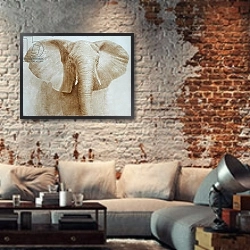«Elephant, 2004» в интерьере гостиной в стиле лофт с кирпичной стеной