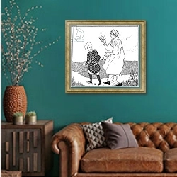 «'The Eternal Problem of Youth and Pedantry', Front Cover illustration for 'The Yellow Book', 1894-95» в интерьере гостиной с зеленой стеной над диваном