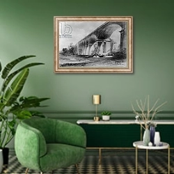 «Wharncliffe Viaduct, c.1840s» в интерьере гостиной в зеленых тонах