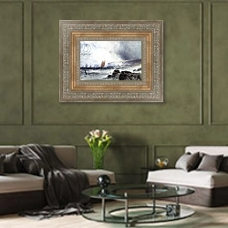 «Coast Scene» в интерьере гостиной в оливковых тонах